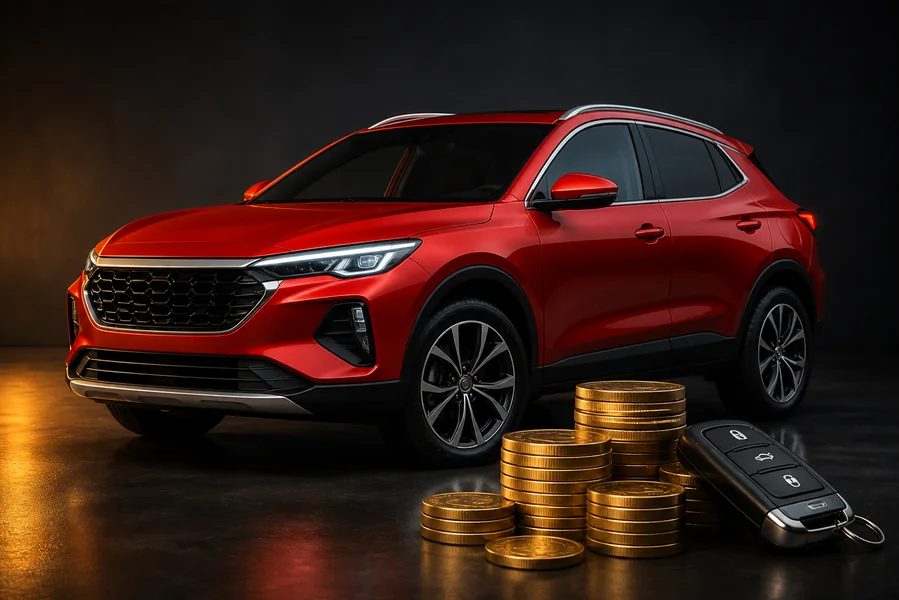 Modern red vehicle with gold coins representing a fast cash offer